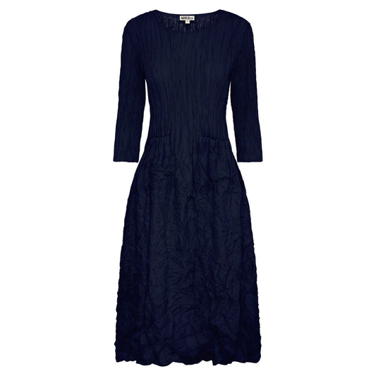 Textured navy blue dress with round neck and 3/4 sleeves on a white background