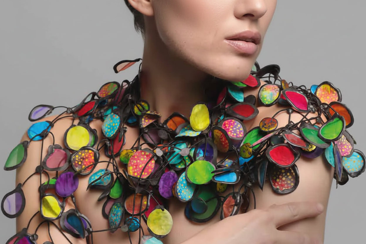 Multicolour annemeike broenick neckace on model with grey background