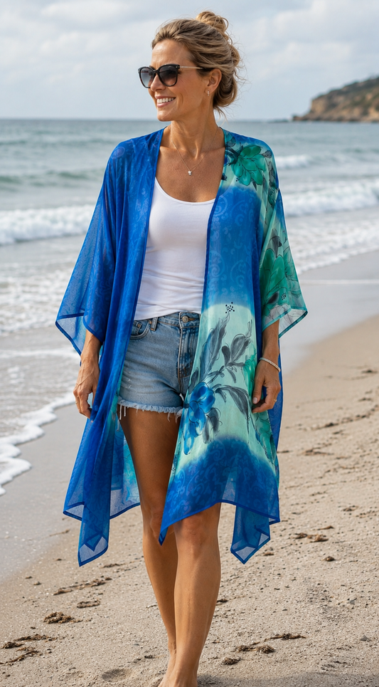 Blue water colour flower silk cardigan