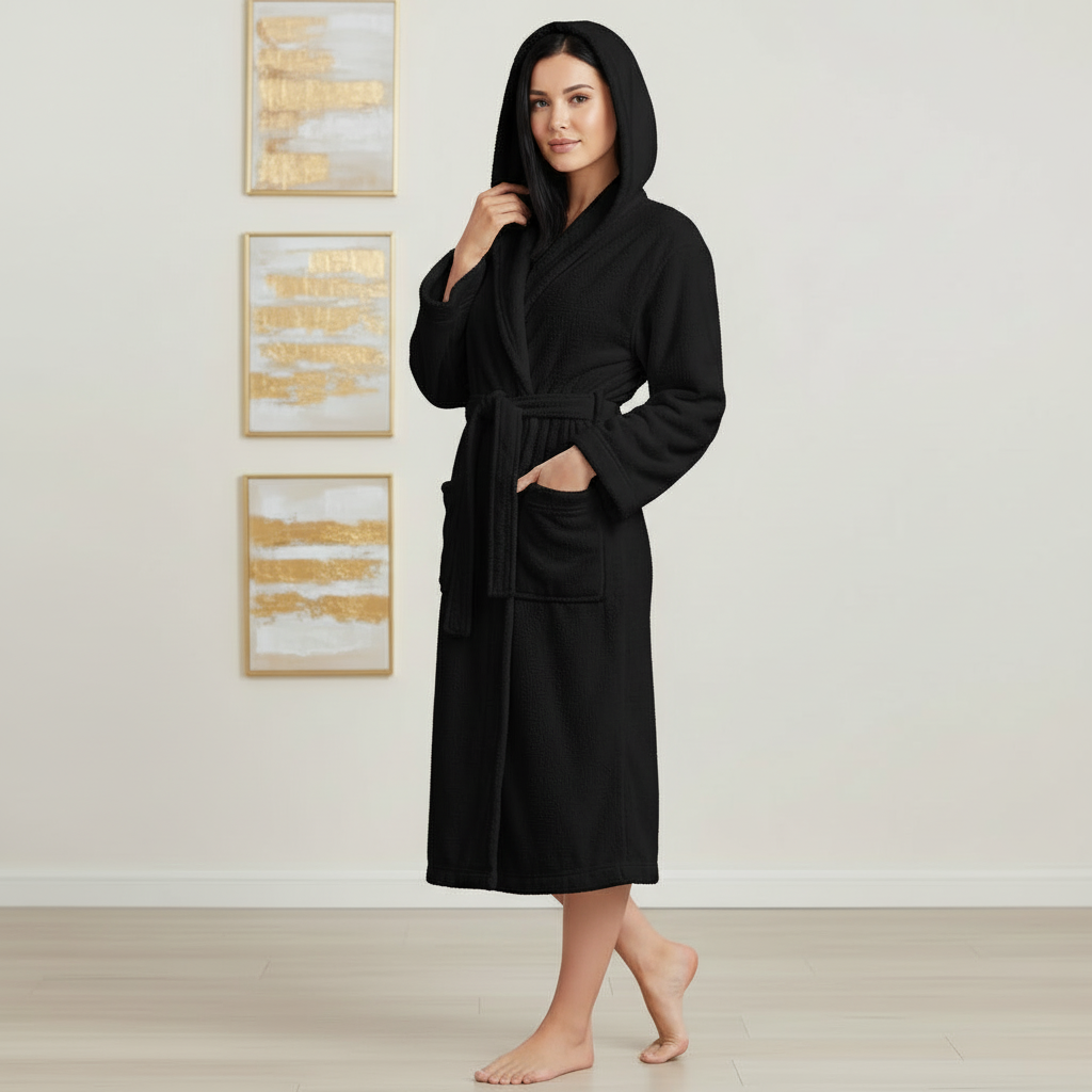 Luxury Hooded Black Terry Bathrobe 450 GSM Unisex Spa Robe - Suttles & Seawinds
