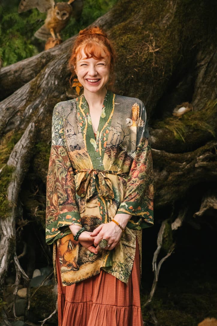 Woodland Wisdom Matinée Duster Kimono w/ Florals, Fox & Owl - Suttles & Seawinds