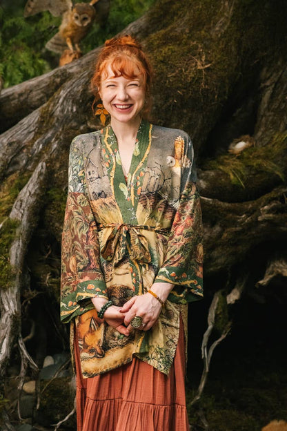 Woodland Wisdom Matinée Duster Kimono w/ Florals, Fox & Owl - Suttles & Seawinds