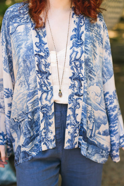 Let The Light In Pixie Duster Cropped Kimono w/ Delft Print - Suttles & Seawinds
