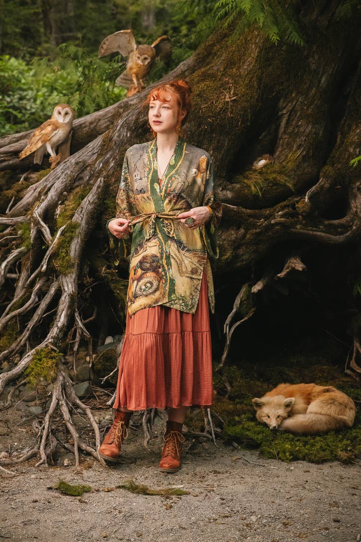 Woodland Wisdom Matinée Duster Kimono w/ Florals, Fox & Owl - Suttles & Seawinds