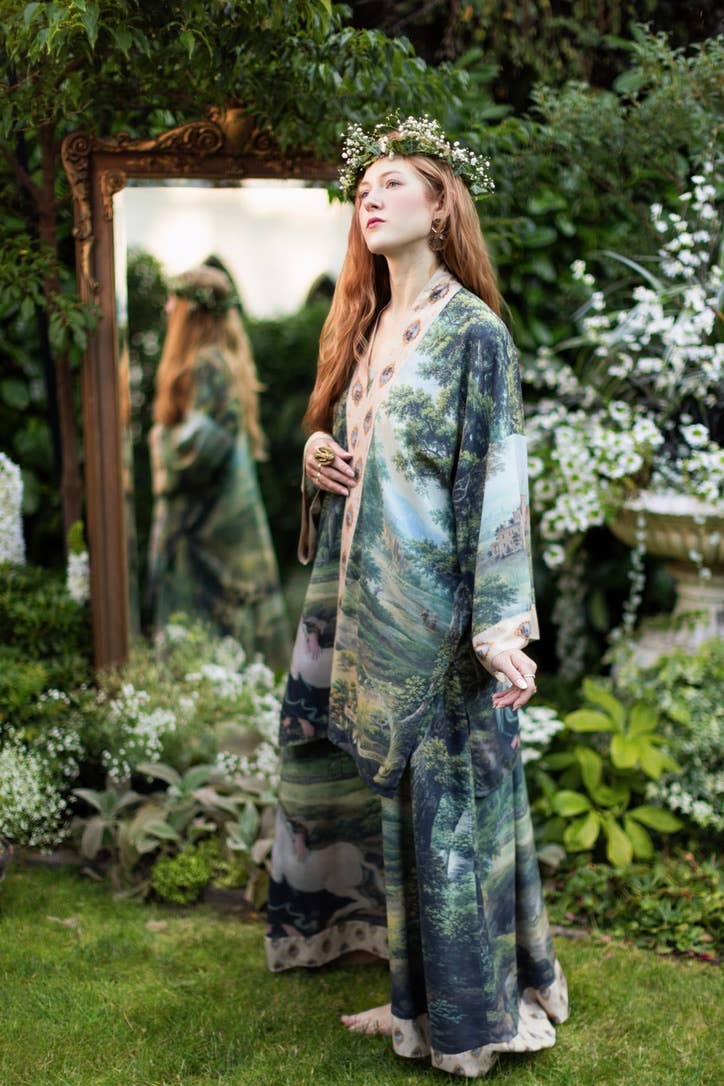 The Mythmaker Matinée Duster Kimono w/ landscape & unicorn - Suttles & Seawinds