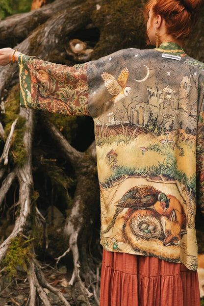Woodland Wisdom Matinée Duster Kimono w/ Florals, Fox & Owl - Suttles & Seawinds