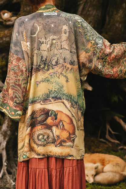 Woodland Wisdom Matinée Duster Kimono w/ Florals, Fox & Owl - Suttles & Seawinds