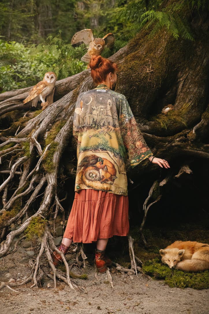 Woodland Wisdom Matinée Duster Kimono w/ Florals, Fox & Owl - Suttles & Seawinds