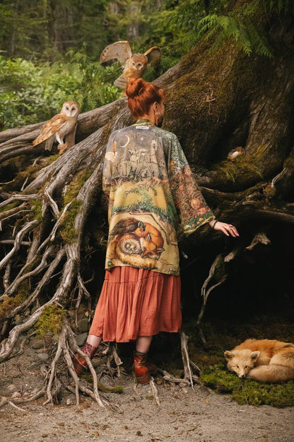 Woodland Wisdom Matinée Duster Kimono w/ Florals, Fox & Owl - Suttles & Seawinds
