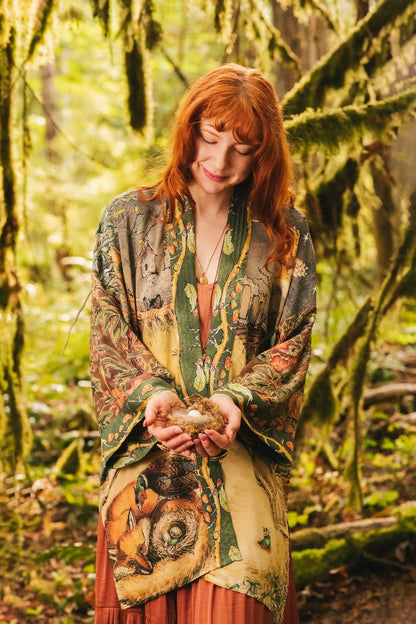 Woodland Wisdom Matinée Duster Kimono w/ Florals, Fox & Owl - Suttles & Seawinds