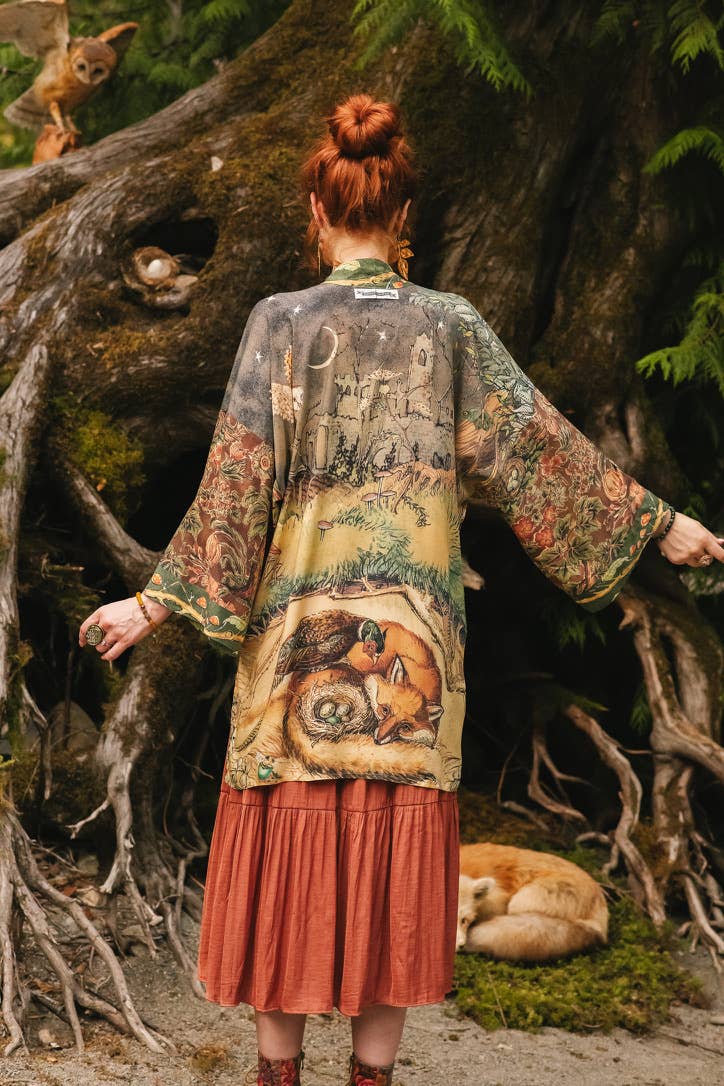Woodland Wisdom Matinée Duster Kimono w/ Florals, Fox & Owl - Suttles & Seawinds