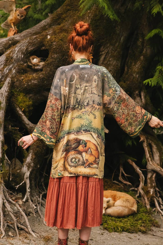 Woodland Wisdom Matinée Duster Kimono w/ Florals, Fox & Owl - Suttles & Seawinds