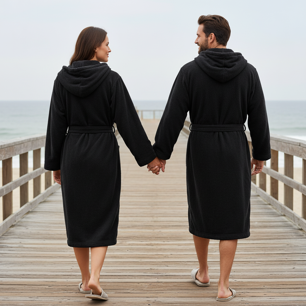 Luxury Hooded Black Terry Bathrobe 450 GSM Unisex Spa Robe - Suttles & Seawinds