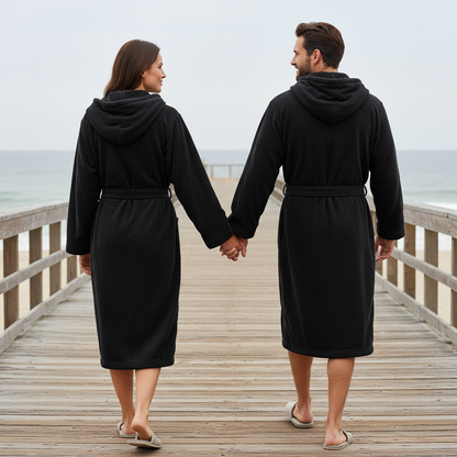 Luxury Hooded Black Terry Bathrobe 450 GSM Unisex Spa Robe - Suttles & Seawinds