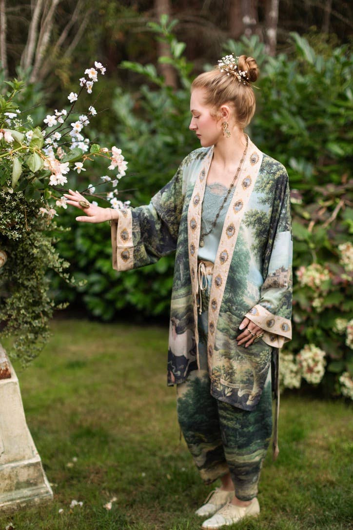 The Mythmaker Matinée Duster Kimono w/ landscape & unicorn - Suttles & Seawinds