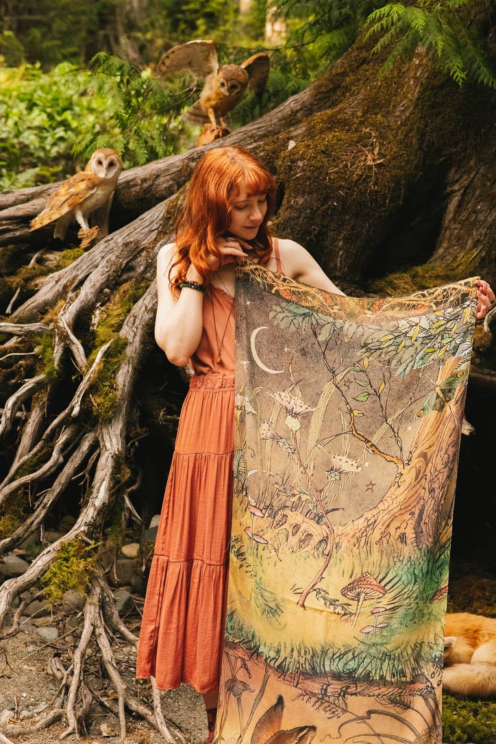 Woodland Wisdom Bohemian Scarf with Florals, Rabbit & Moths - Suttles & Seawinds