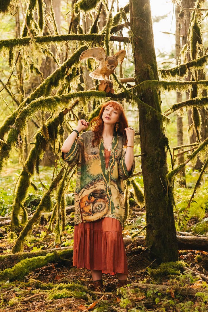 Woodland Wisdom Matinée Duster Kimono w/ Florals, Fox & Owl - Suttles & Seawinds