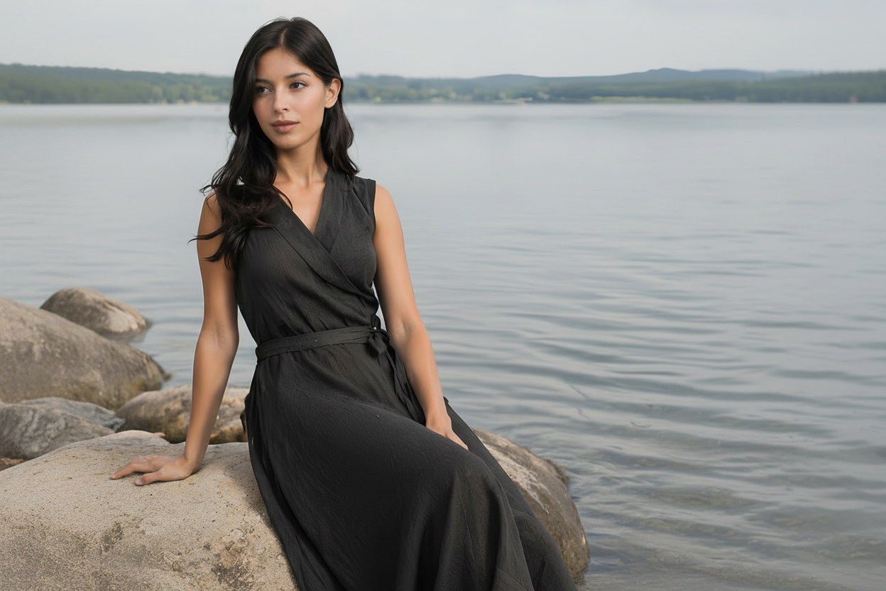 Woman in a black dress sitting by a lake 