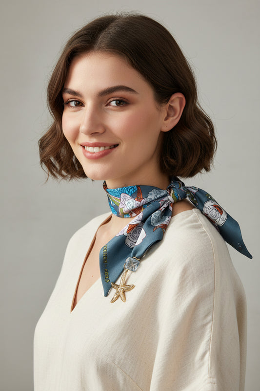 Model wearing decorative scarf with starfish charm 