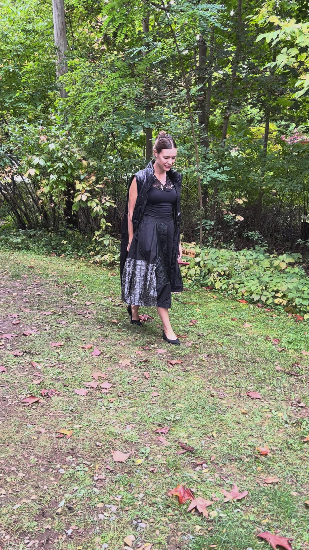 Cari in black for an event: Marie la Lune quilted long vest, Minus Vanessa top, Alembika mix skirt and Pursuits Cadence necklace