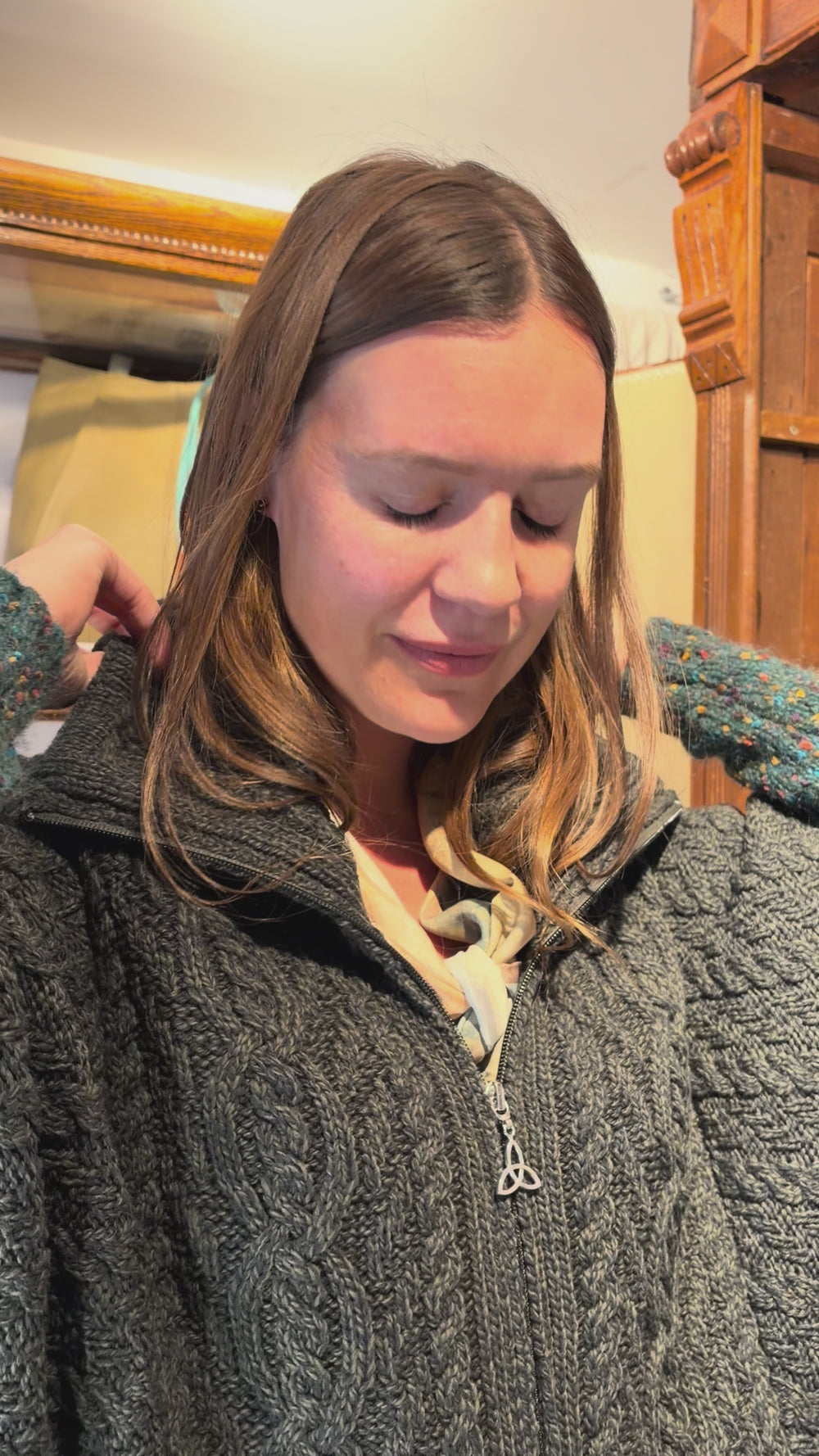Cari wearing the Aran Crafts Innisfree funnel neck sweater over the White Stuff Texture V Neck Sweater with Seasalt Sholl cord trousers