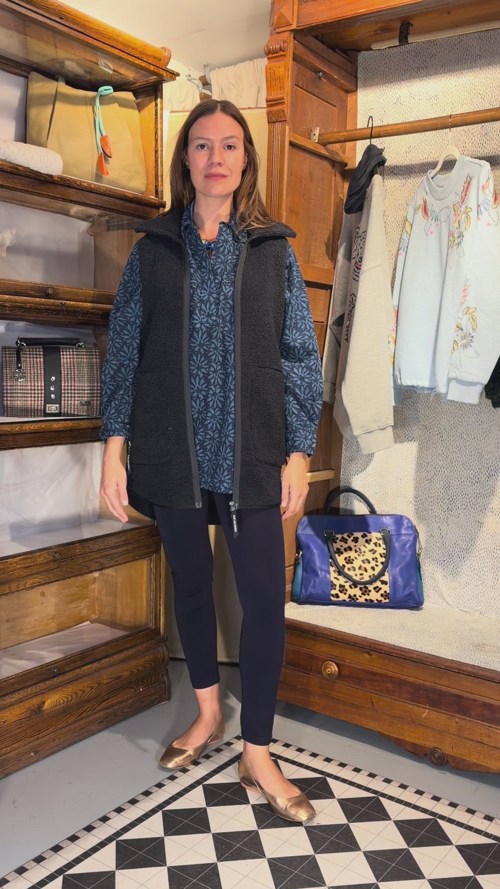 Cari wearing the Ilse Jacobsen Long Fleece Vest over the White Stuff Sage Longline Cord Tunic with a blue Bliss bead necklace