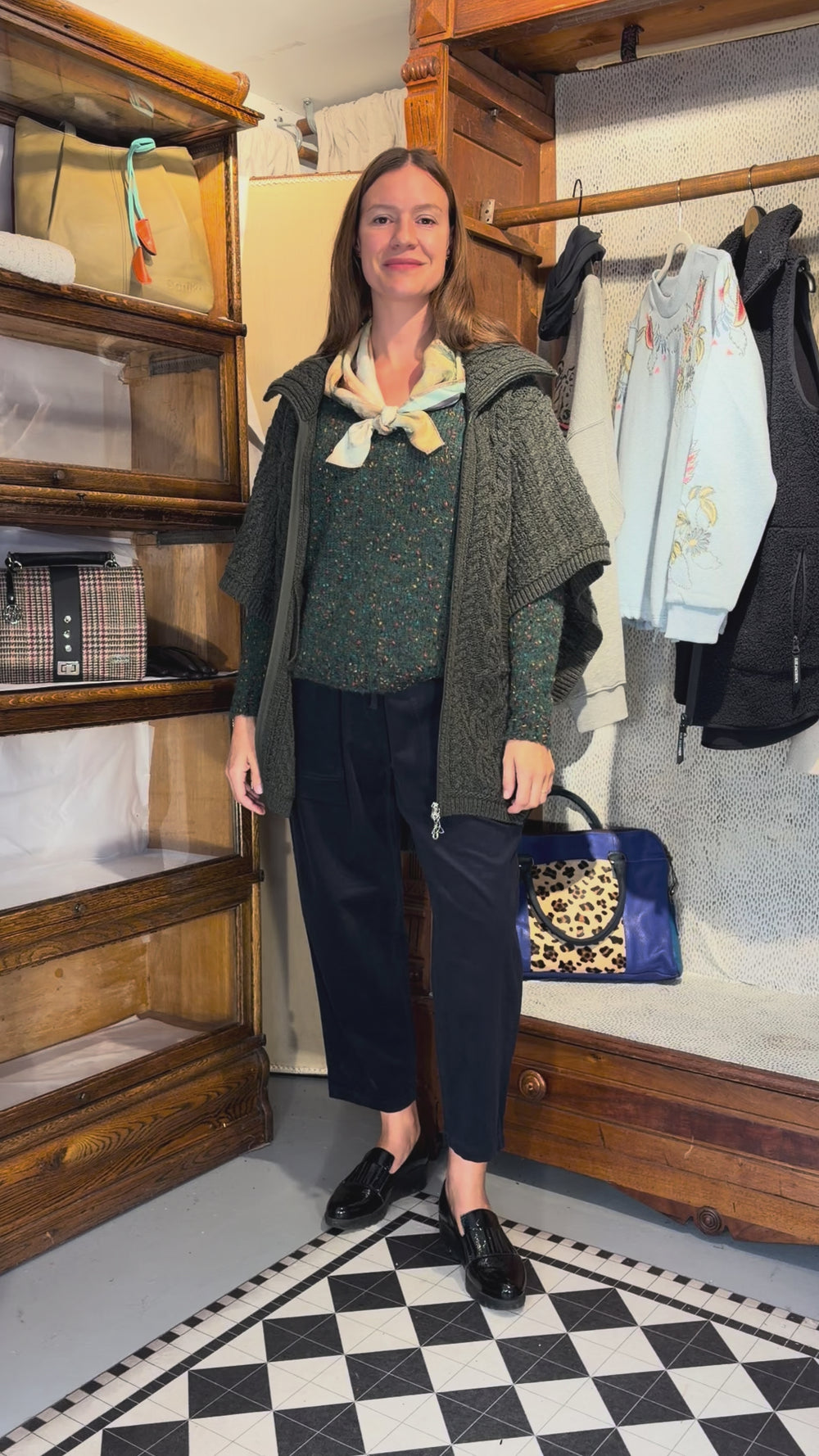 Cari wearing the Aran Crafts Innisfree funnel neck sweater over the White Stuff Texture V Neck Sweater with Seasalt Sholl cord trousers