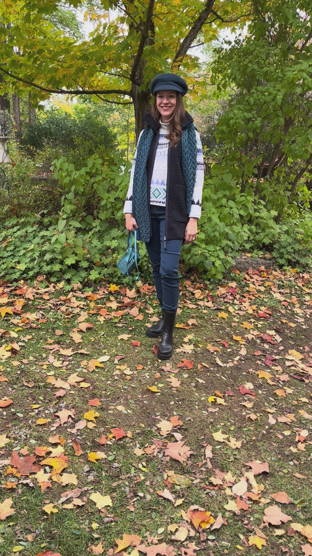 Cari wearing the Ilse Jacobsen long fleece vest over a Habitat Snowdrift sweater and FDJ jeans, with an Aran Crafts cable scarf and Milo crossbody bag