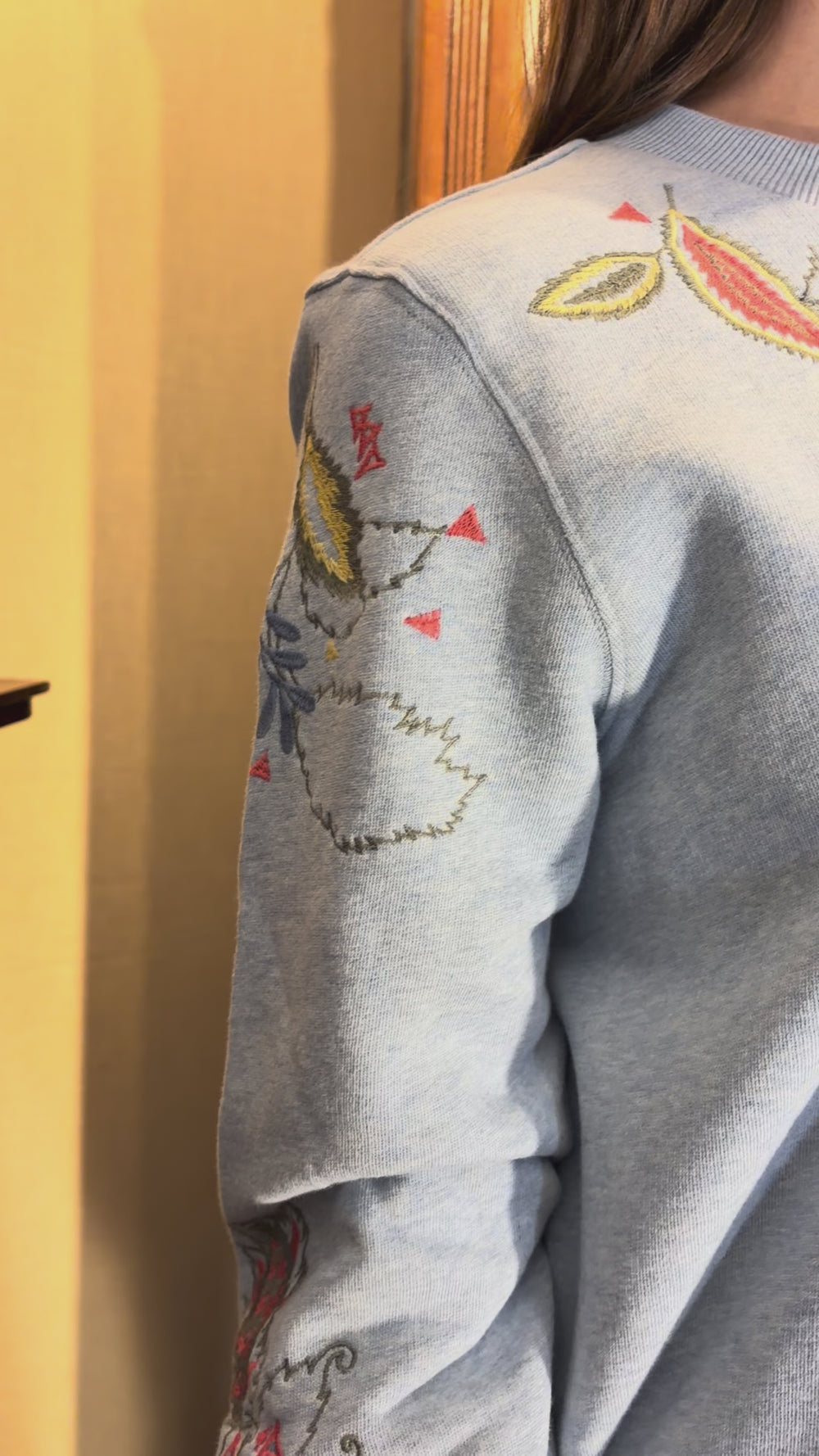 Cari wearing the White Stuff Embroidered Sweat with the Ilse Jacobsen Fleece Jacket, Wit & Wisdom Sawyer jeans and the Soruka Celine Tulip bag
