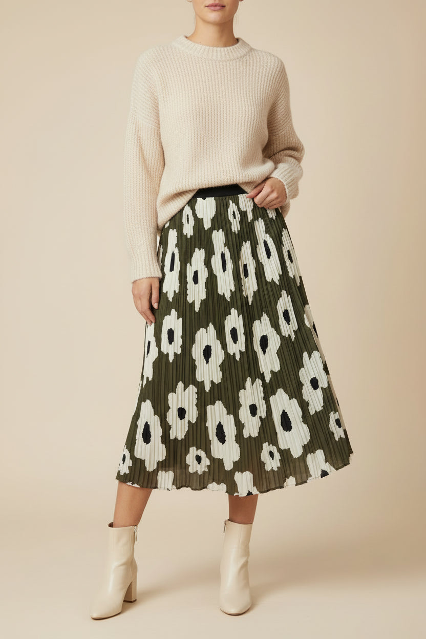 Green & White Large Daisy Print Silk Pleated Midi Skirt