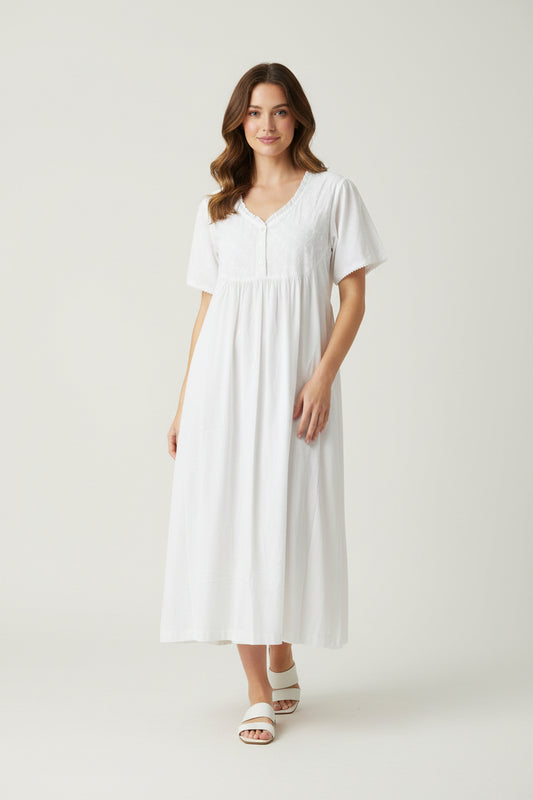 3 Button Scoop Neck Cotton Nightdress