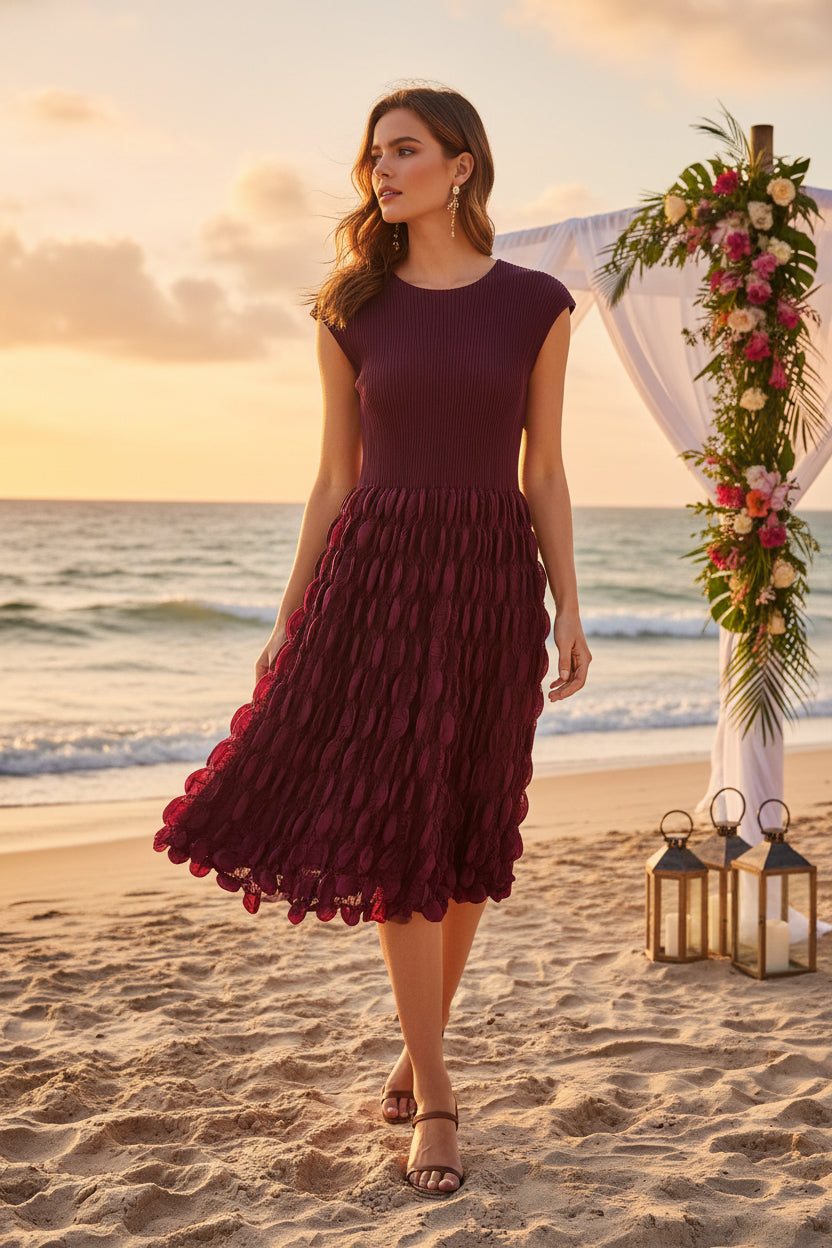 Burgundy Breeze Pop Pleated Dress