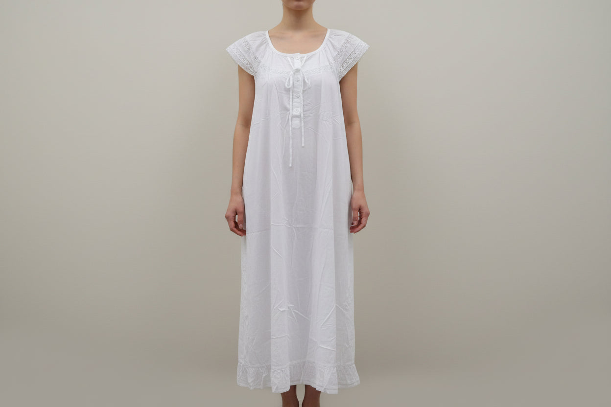 5 Button Lace Insert Superfine Cotton Nightie - Suttles & Seawinds