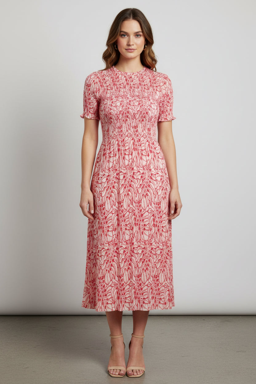 Red & White Palm Leaves Graphic Print Mulberry Silk Pleated Dress