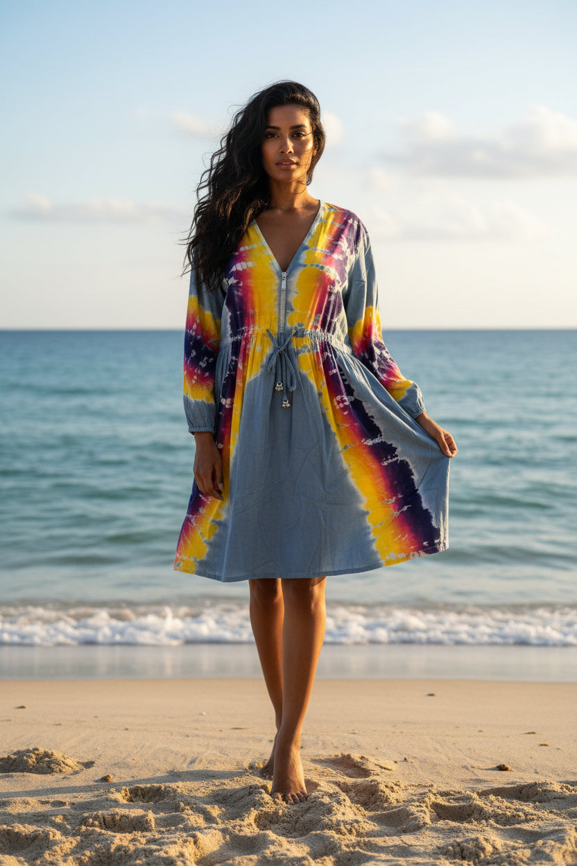Grey Tie Dye Cotton Tunic Dress