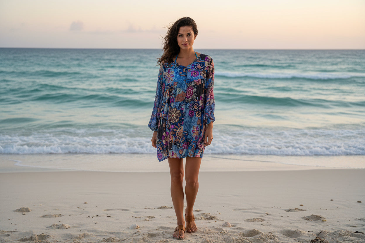 Chiffon Blue Print Beach Cover Up