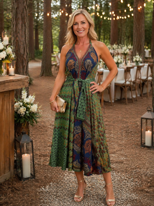 Embroidered Petal  Silk Maxi Dress with Belt