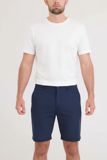 Man wearing NAVY shorts against a plain background