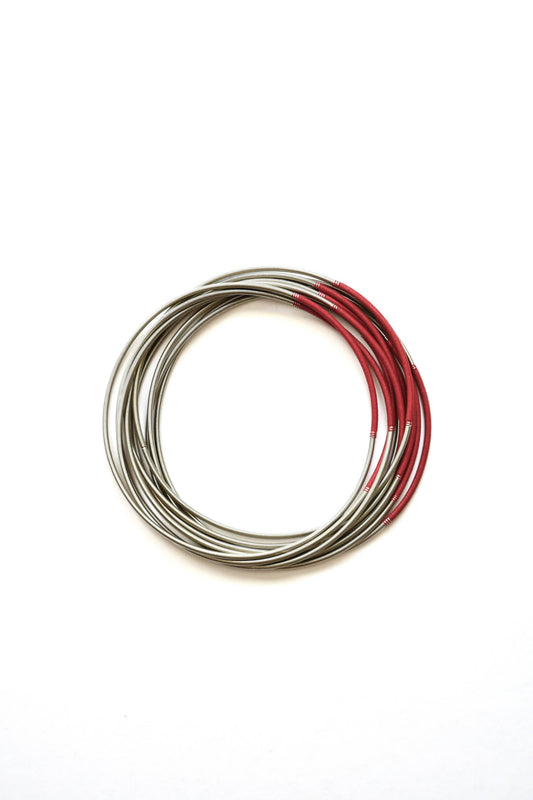 Sea Lily - S107C-BR - Multi Strand Silver Wire Bracelet With Red Segmen