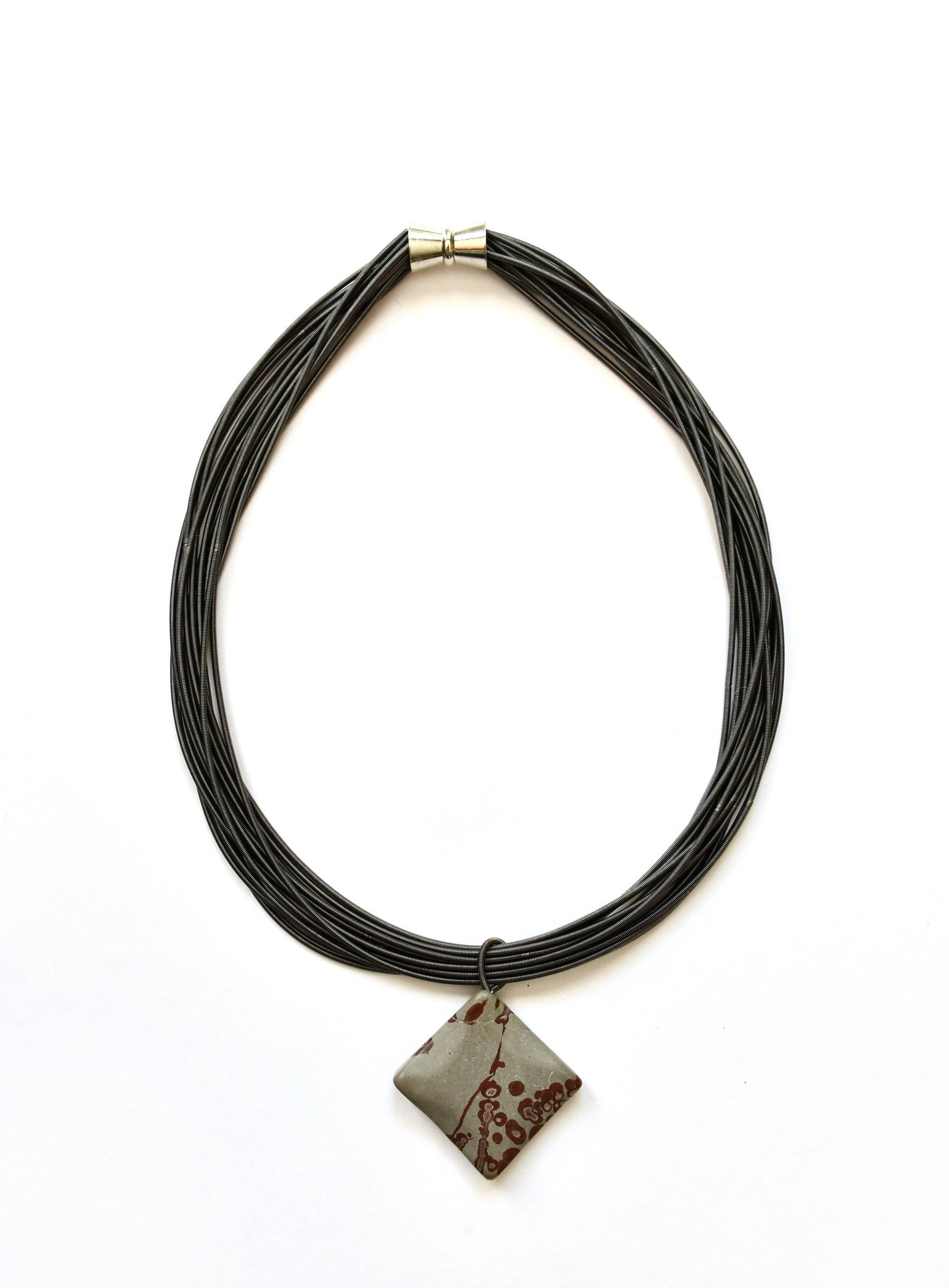 Sea Lily - S113B - Multi Strand Slate Wire Necklace With Gray Picasso J