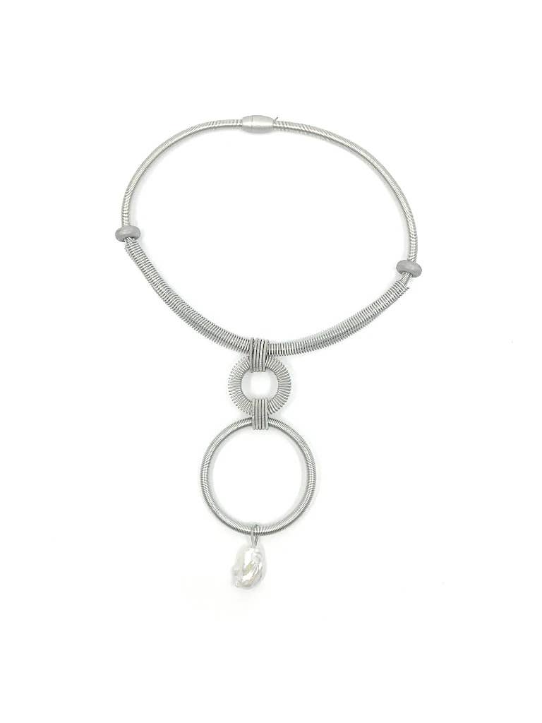Sea Lily - 333SIL - Short Silver Necklace with Double Ring & Pearl