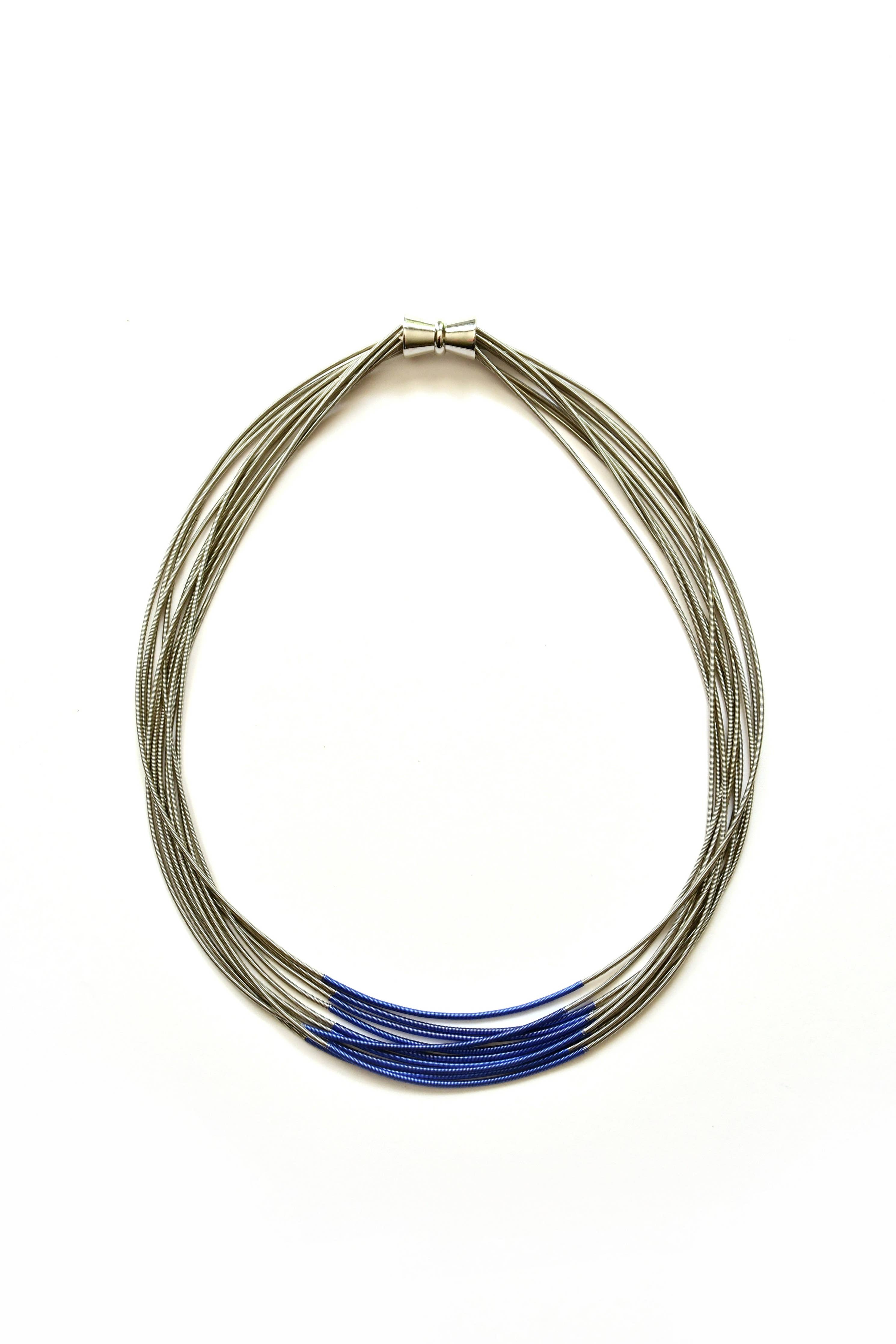 Sea Lily - S107D - Multi Strand Silver Wire Necklace With Blue Segment